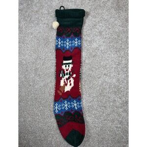 Chenille Knit Christmas Holiday Stocking Snowman Snowflake Pom Pom 24"